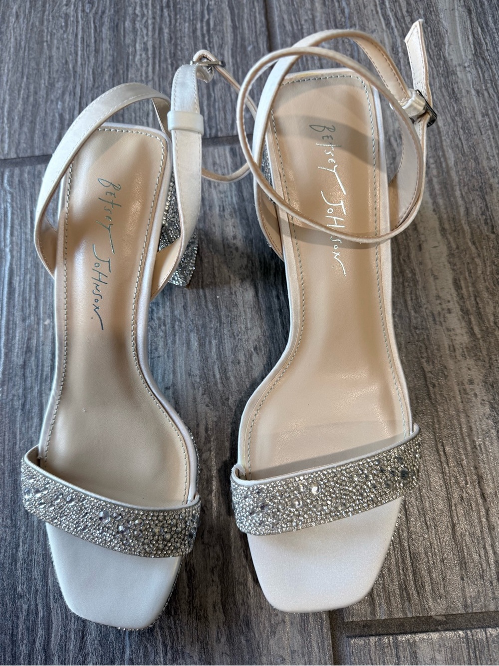Betsey Johnson Ivory Satin Crystal Strap Block Heel Sandals